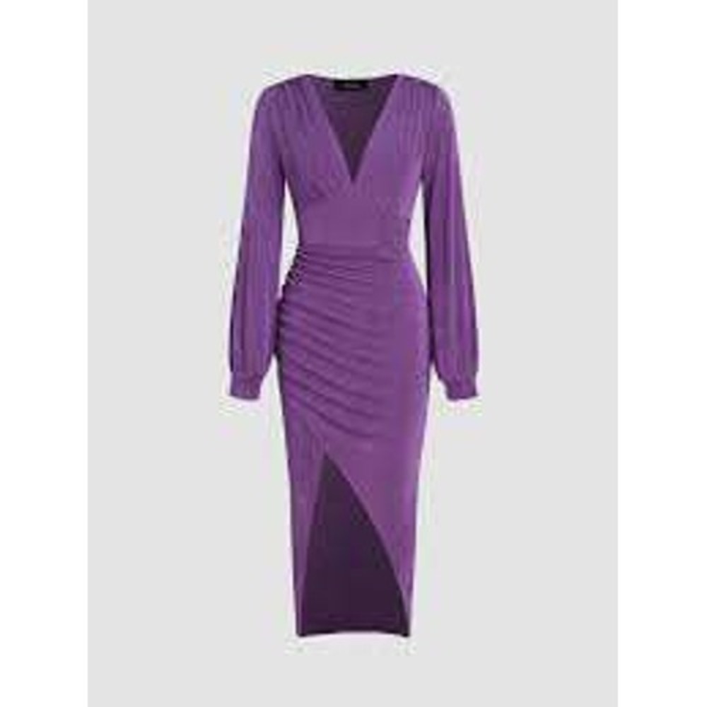 Cider Purple Ruched Asymmetrical Hem V Neck Long Sleeve Midi Dress XS